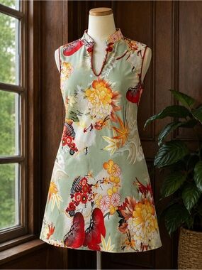 Vintage Glam Mint Green Floral Mini Dress with Red and Yellow Accents